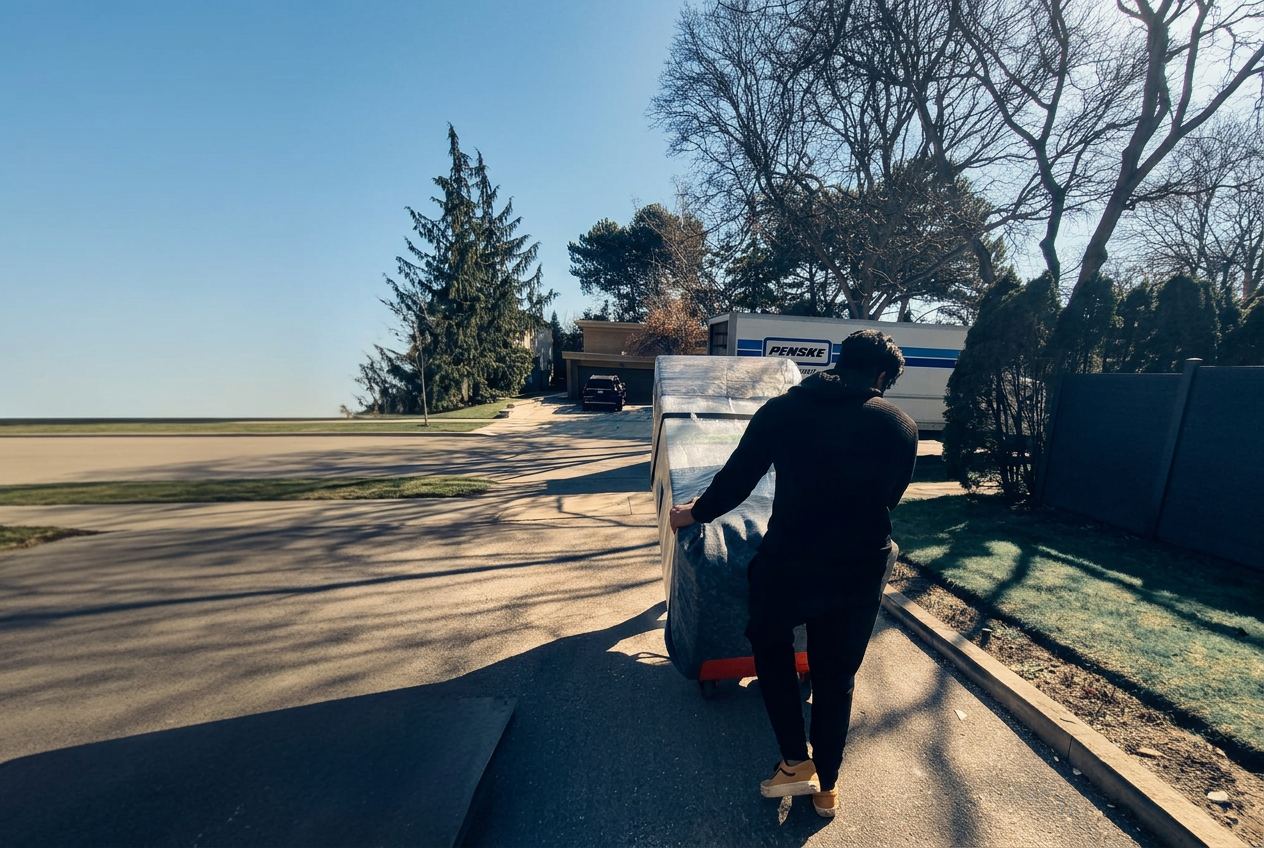 Acemovers crew member moving a wrapped piece of furniture toward a truck in the GTA